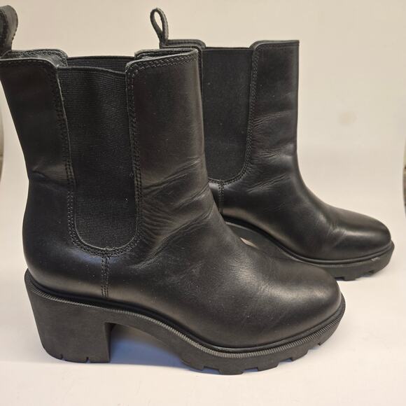 J. Crew Black Leather Platform Lug Sole Heeled Pull-on Chelsea Boots, Size 8.5 - Picture 3 of 11